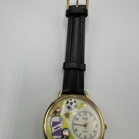 WW Whimsical Soccer Watch Men Gold Tone Black Leather Band 40MM Case New Battery - Picture 5 of 12